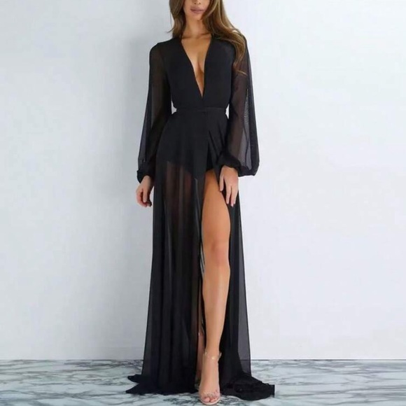 Elegant Black Sheer Maxi Swim Cover Up Dress